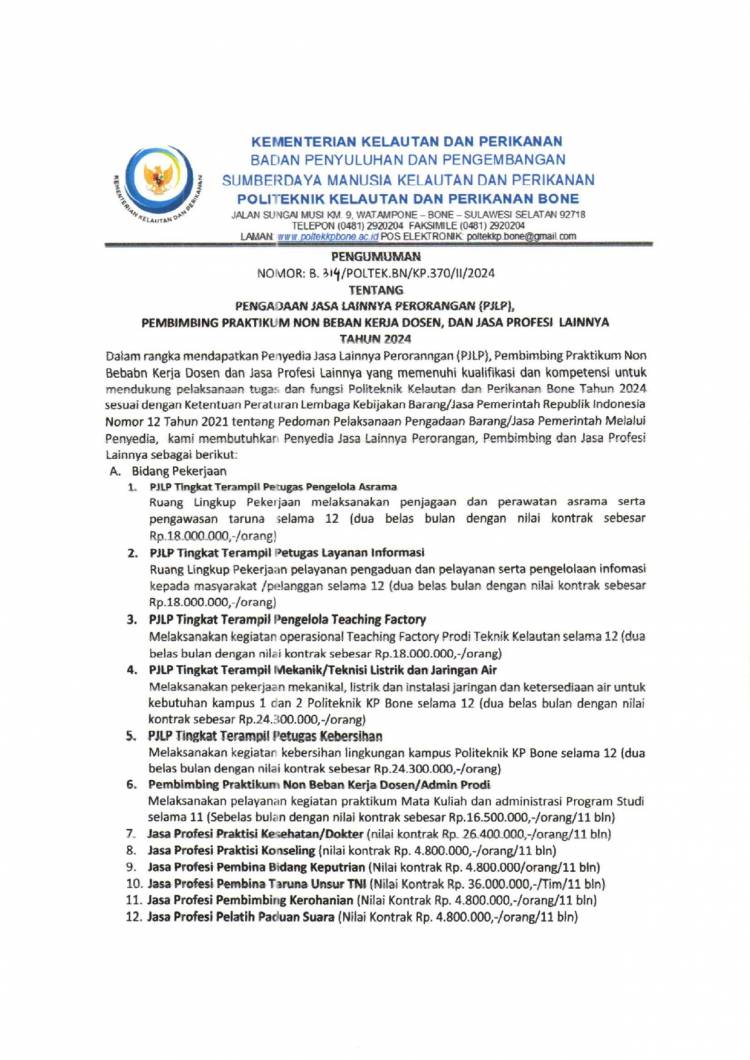 PENGUMUMAN PENGADAAN JASA LAINNYA PERORANGAN (PJLP) POLITEKNIK KP BONE